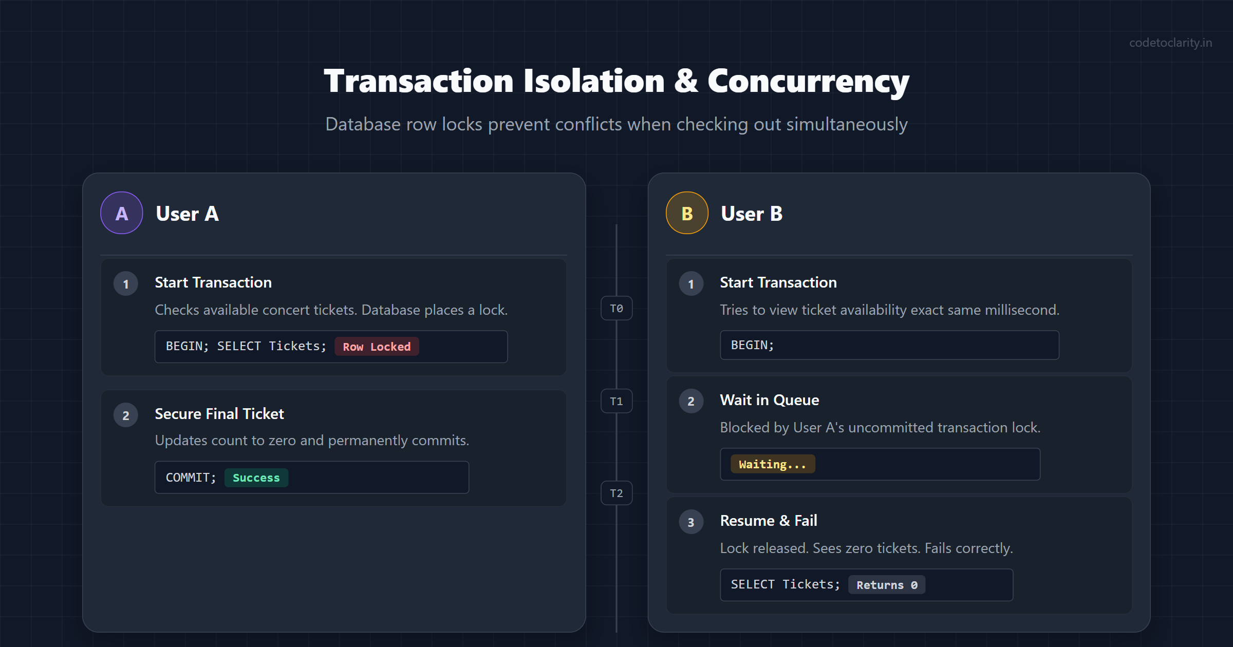Concert ticket booking concurrency issue showing how database transaction isolation prevents double booking