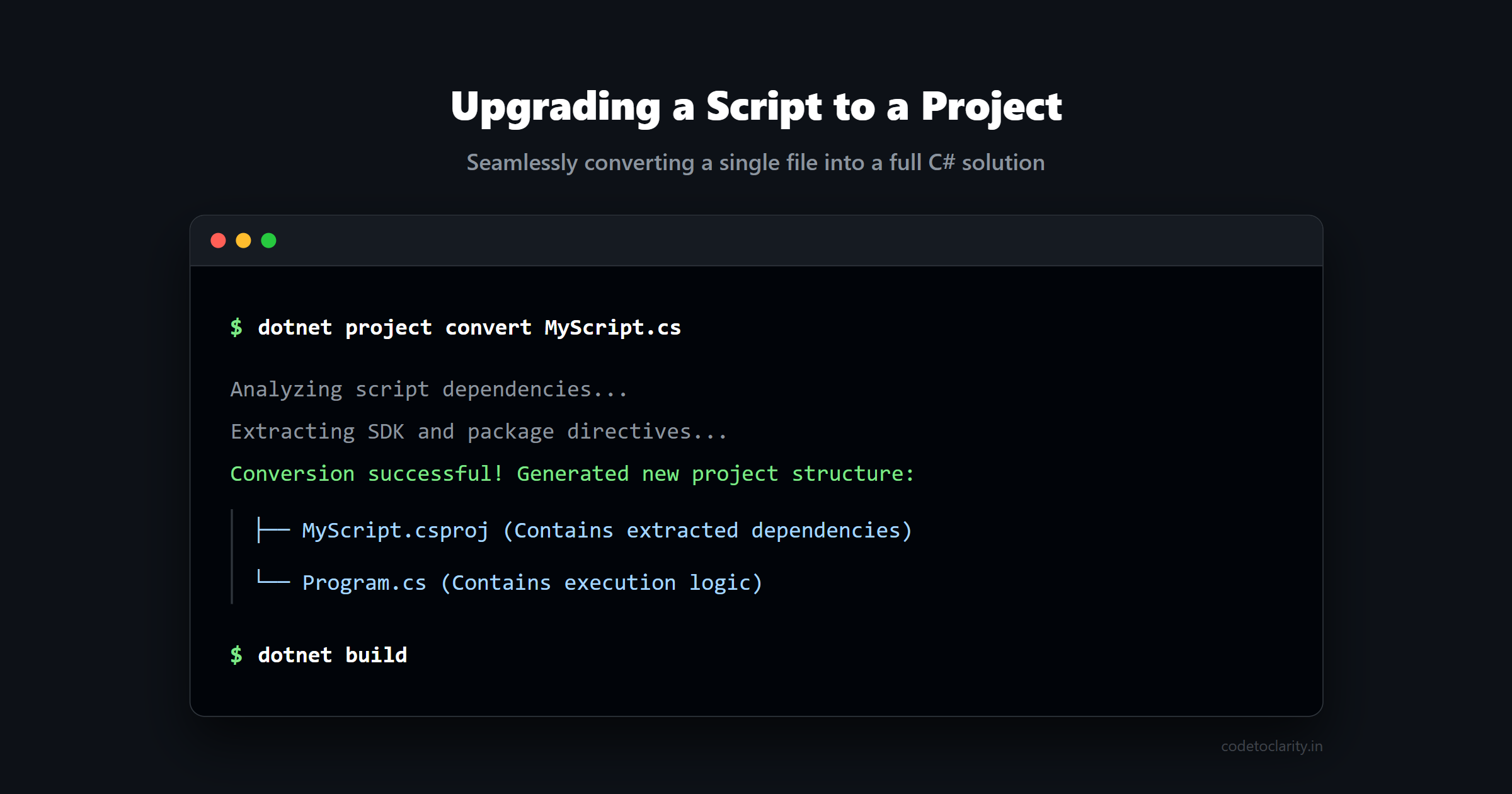 Terminal output showing the successful conversion of a C# script into a full project