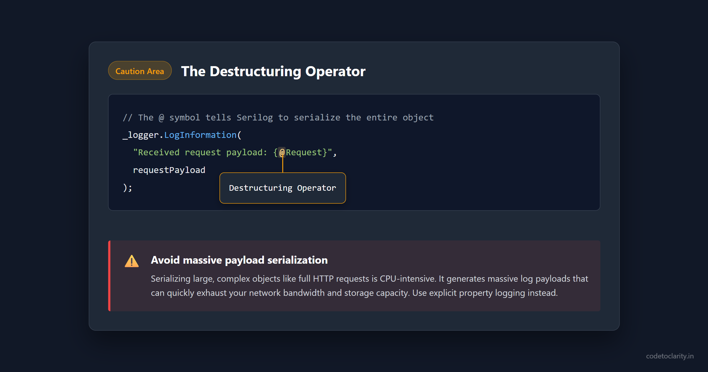 Caution box explaining how the destructuring operator serializes objects